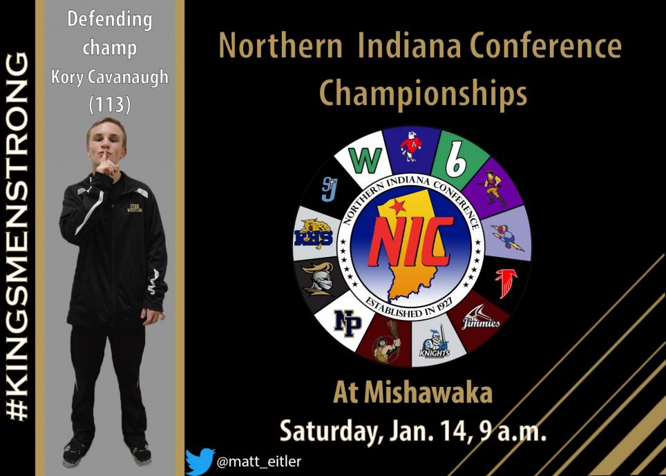 Photo of defending champion Kory Cavanaugh, who will be seeking the 113-pound Northern Indiana Conference wrestling championship.