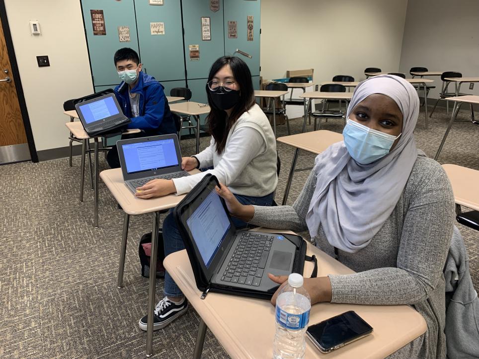 Penn Spell Bowl students Tasneem Ahmed, Ashley Oh and Felix Zhang.