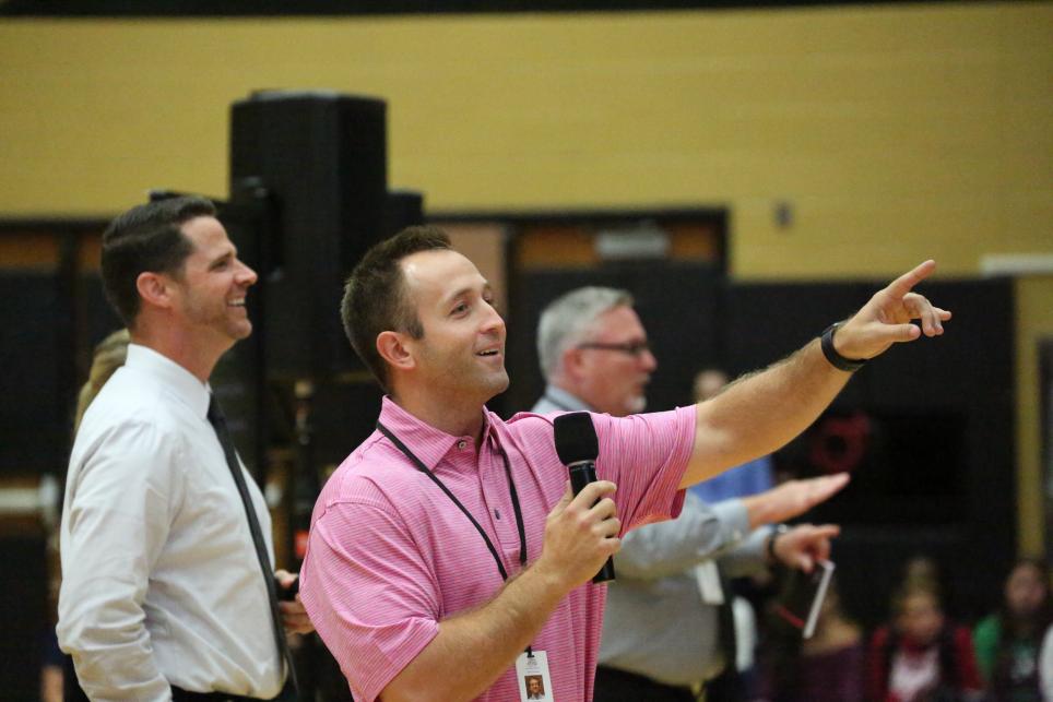Dir. of Counseling John Westra talking to students at school Pep Rally in August