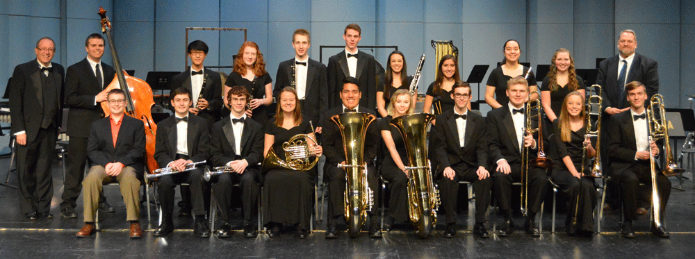 Principal Steve Hope, Fine Arts Academy leader Glenn Northern, and Penn students who were selected to the All-State Band.