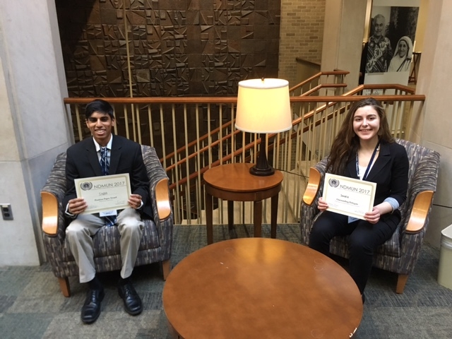 Penn students, from left, Siddarth Das and Renee Yaseen won major awards at the Model U.N. Conference at Notre Dame.