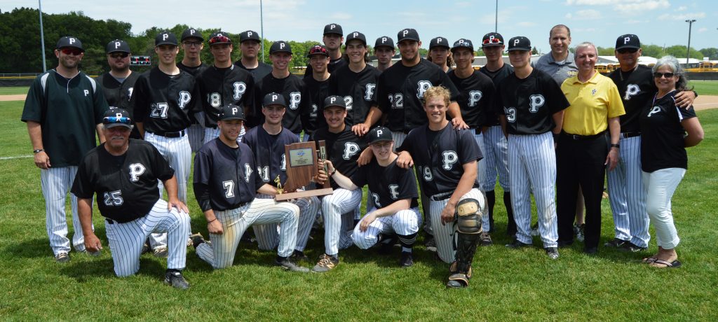 P-H-M Supt. Dr. Jerry Thacker, Penn Athletic Director Aaron Leniski, Coach Greg Dikos and the 2017 Baseball Sectional Champion Penn Kingsmen.