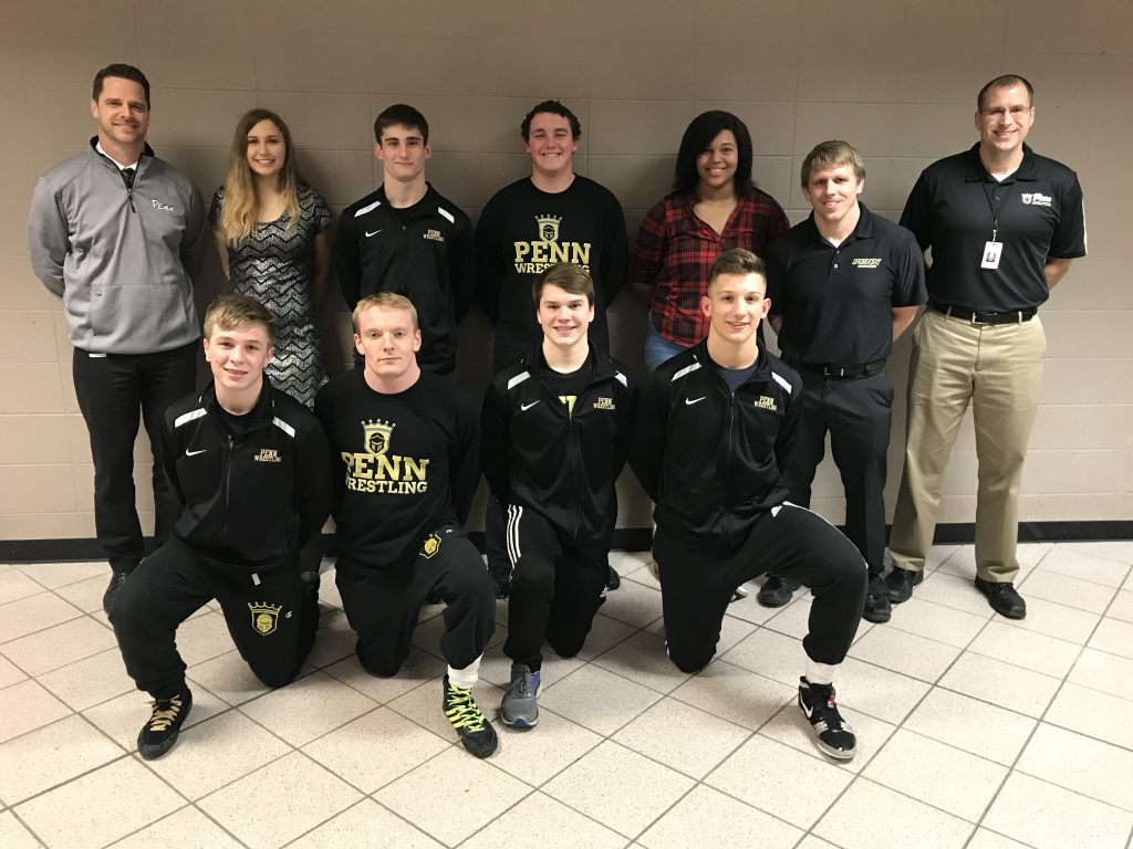 Penn Principal Sean Galiher, Athletic Director Aaron Leniski, Head Coach Brad Harper and the Penn Wrestling Team Seniors.