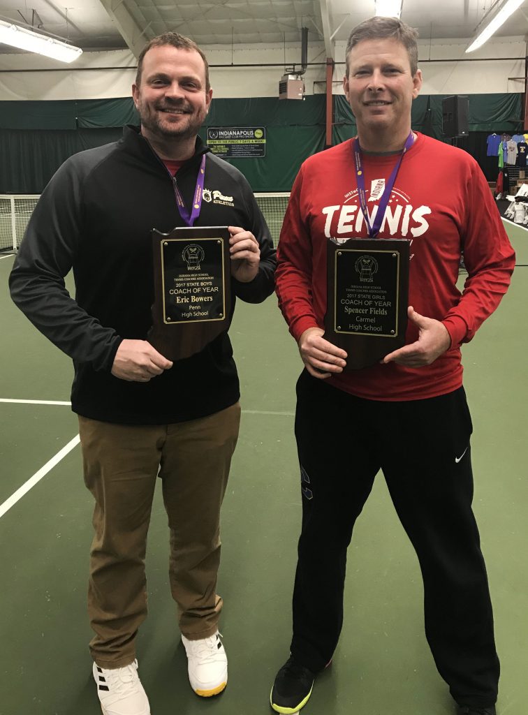 Penn Boys and Girls Tennis Coach Eric Bowers, left, pictured with Carmel Girls Tennis Coach Spencer Fields, was named the Indiana Boys Tennis Coach of the Year.