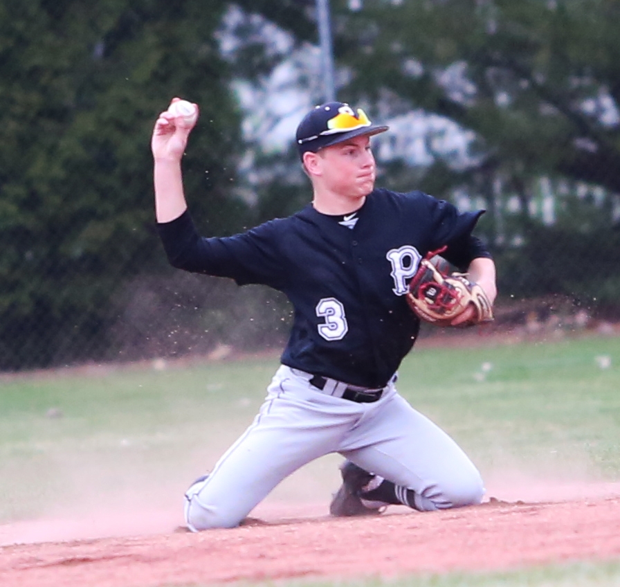 Penn second baseman Hayden Berg makes a throw from his knees for the out.