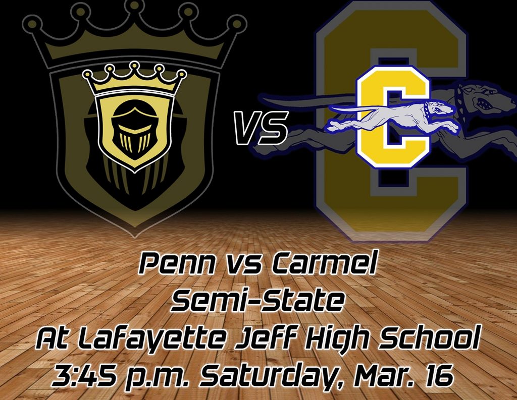 The Penn Boys Basketball Team vs. Carmel graphic design.