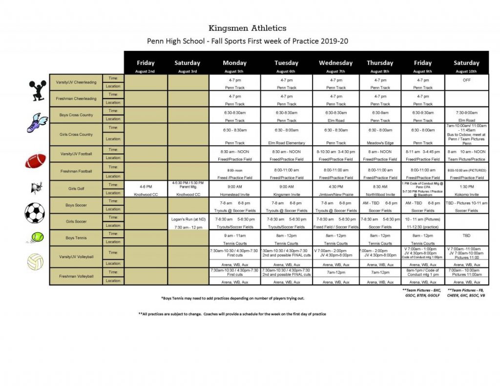 1st Week of Penn Fall 2019 Athletic Practice Schedule