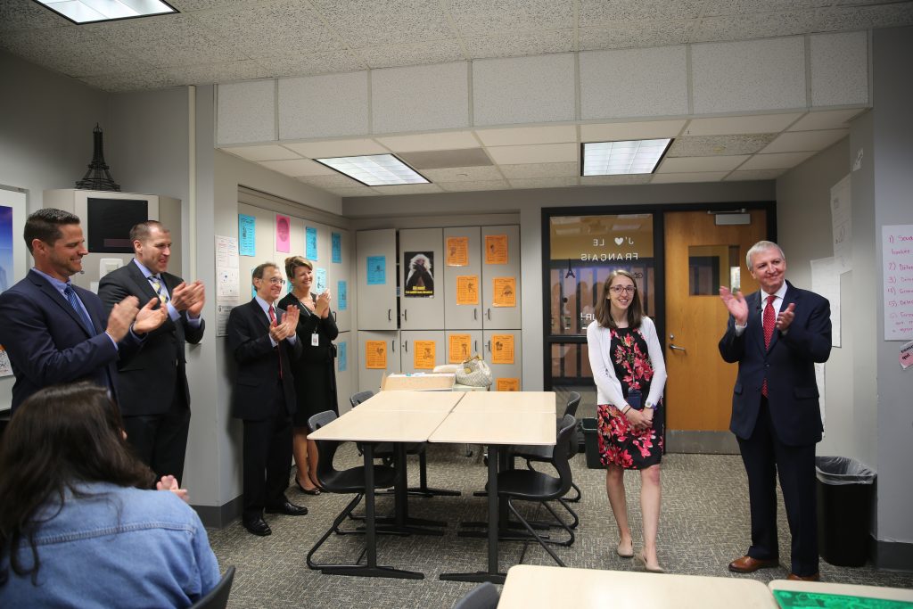 PHM Supt. Dr. Thacker surprised Mrs. Mitchell last spring as PHM's Secondary Teacher of the Year (April 2019)