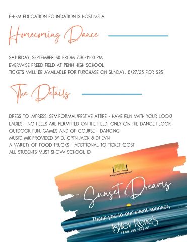 An event flyer advertising a dance at a high school, with details about the date, time, location, and ticket prices.