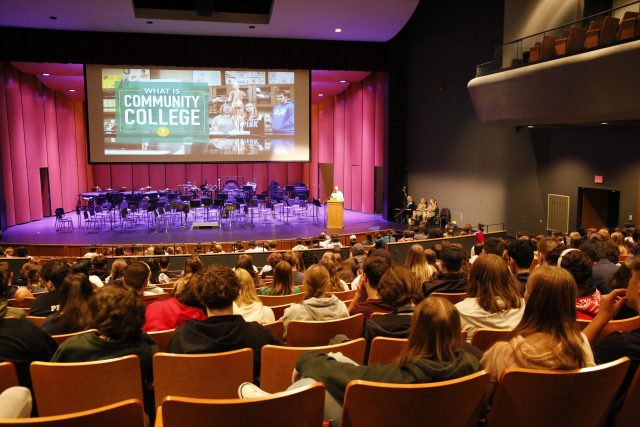 Audience in a concert hall watching a performance on stage.