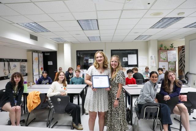 CJ Vantine & Mrs. Starkweather with entire PNN class & Sports Journalism students