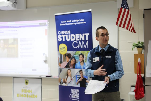 man from C-SPAN talking to class