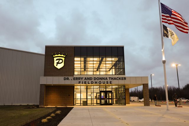 Dr. Jerry and Donna Thacker Fieldhouse lit up