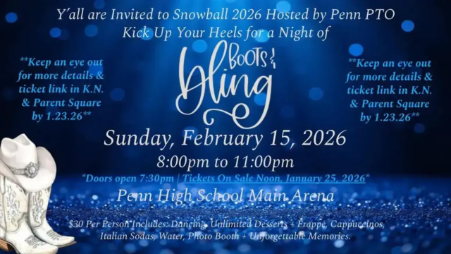 An event poster for a snowball dance hosted by PEN TO at Penn State on February 14th, 2021, featuring a blue and white