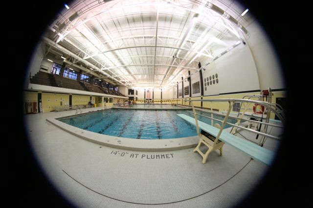An indoor swimming pool with lane markings.