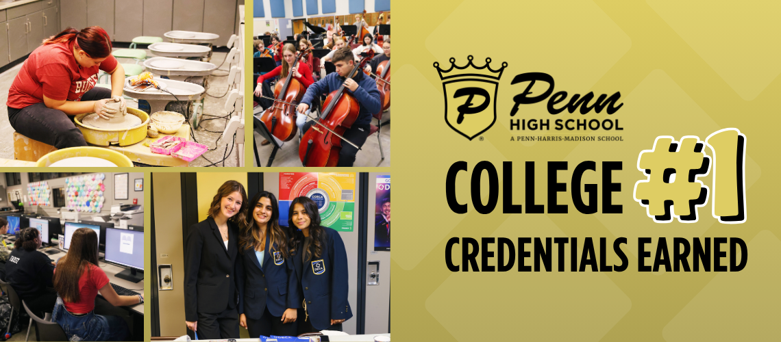 Women posing in a college lab, celebrating their achievements, with a sign that reads 'Penn High School College #1