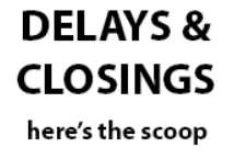 Sign advertising delays & closings of businesses, with a scoop of ice cream in the background.