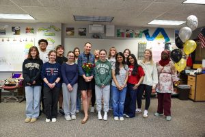 Kelley Watts with her Spanish IV students after winning PHM's 2026 Secondary Teacher of the Year