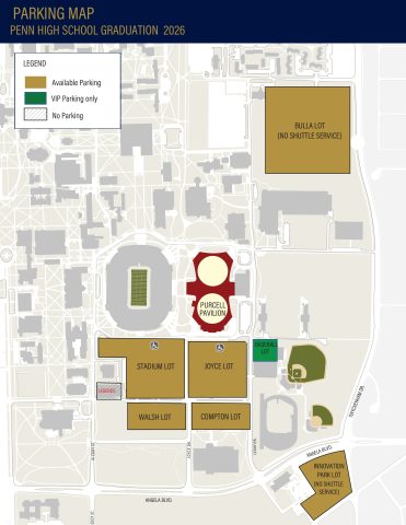 Parking map of Notre Dame for the Penn High School graduation 2026 showing parking lots and facilities.