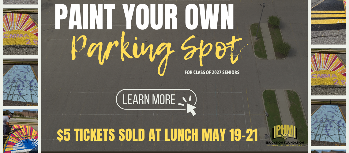 Advertisement for a paint your own parking spot event at a lunchtime sale, featuring a colorful mural and a sign that reads
