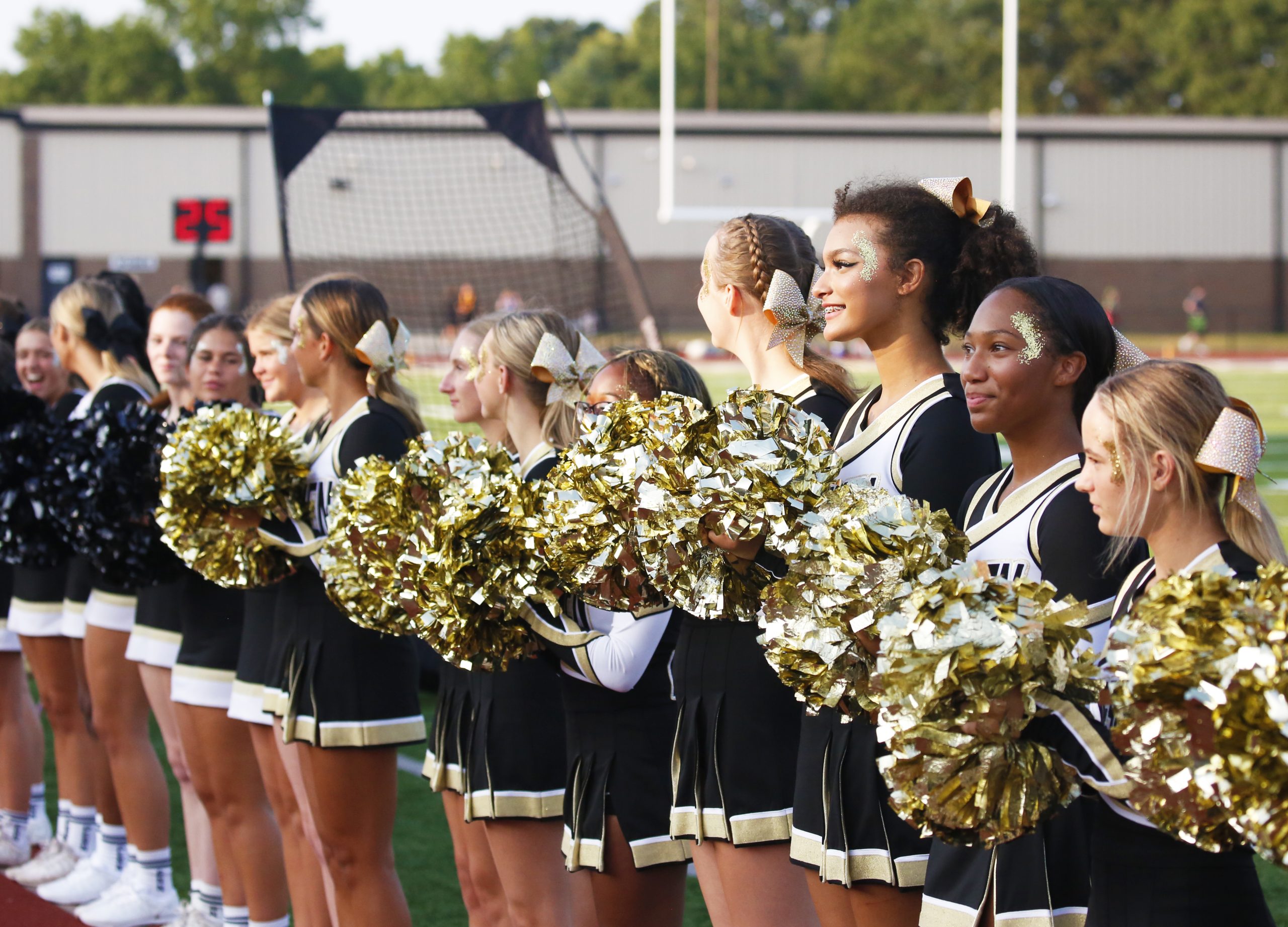 Cheerleaders on a football field, all wearing pom poms and uniforms, standing in two rows, smiling at the camera.