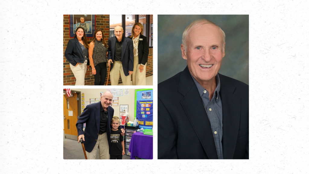 A collage of four photos featuring a man standing with three other individuals, all smiling, with the man in the center and