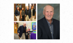 A collage of four photos featuring a man standing with three other individuals, all smiling, with the man in the center and
