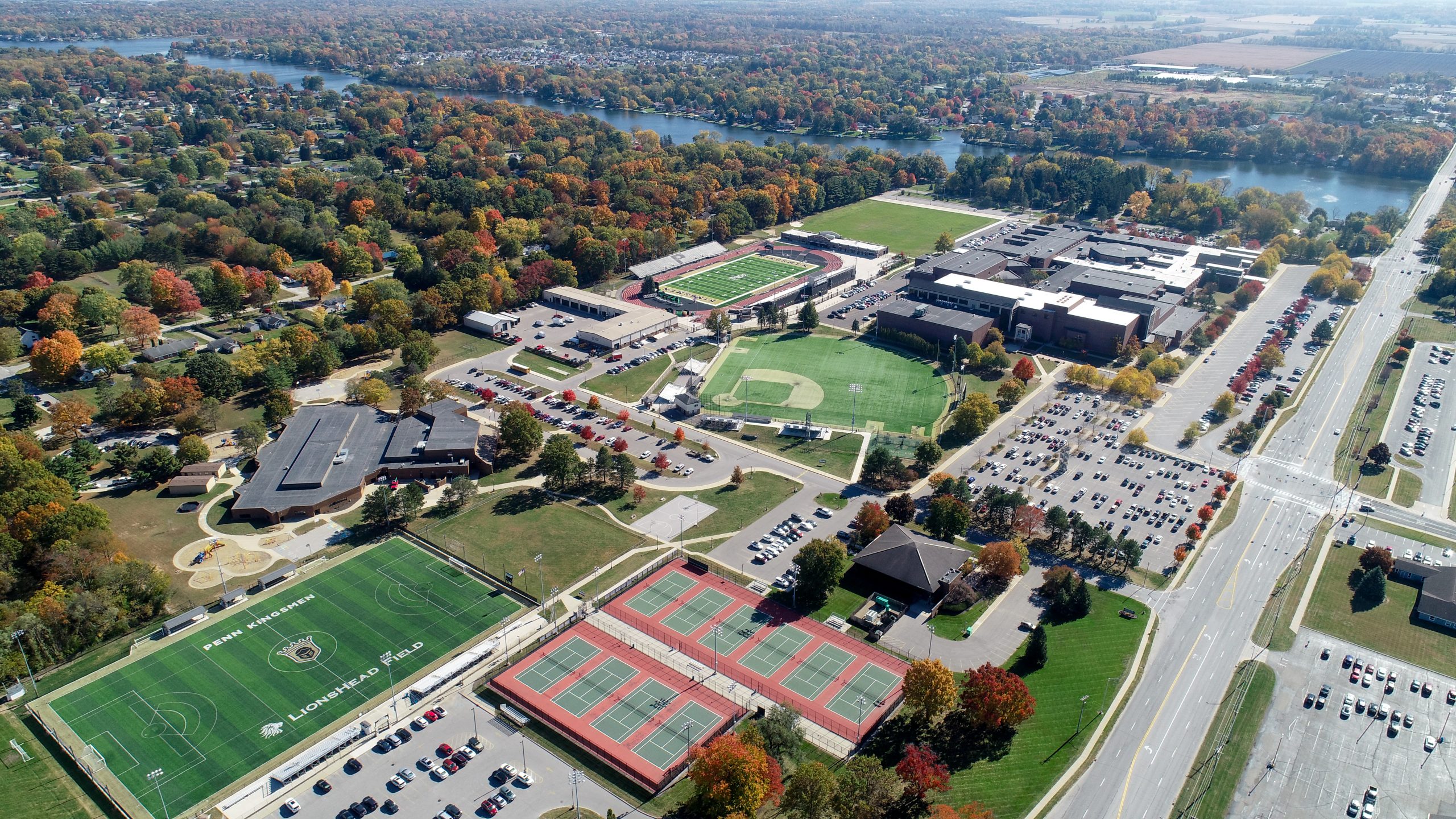 aerial drone picture of Penn High School campus in early fall